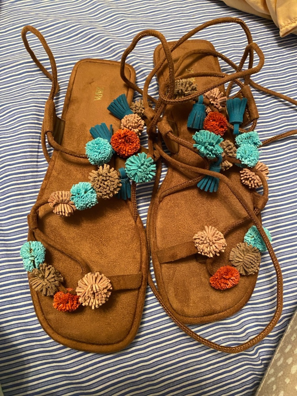 Zara Brown aloha Pom-Pom Lace-Up Sandals with Turquoise Accents size 9.5 EU 40 - Picture 3 of 3